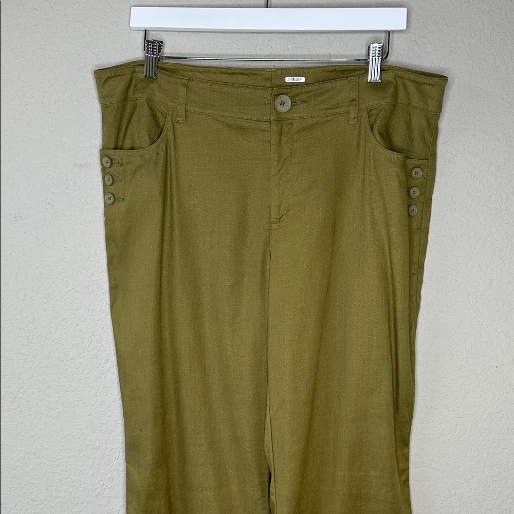 Cabi Women's‎ Linen Blend Charlie Trouser Size 14 Olive Green Flared Pant #5314L - Picture 3 of 16
